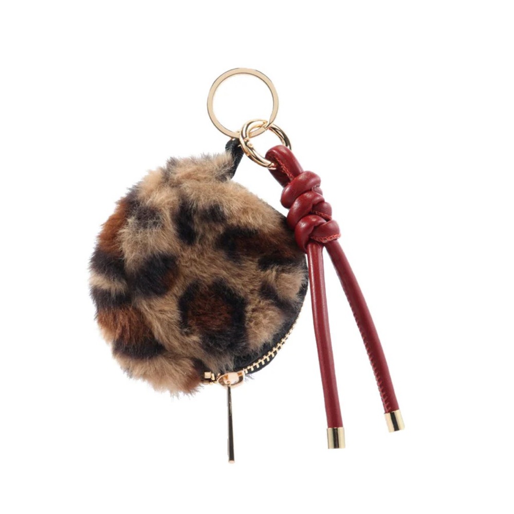 Chic Leopard Print Faux Fur Keychain with Red Leather Accents piper k